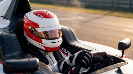 Racing driver in a fast car on a track, speeding during a competition. Motorsport event concept for speed and adrenaline.