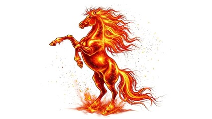 A magnificent Fire Horse illustration centered on an isolated white background, featuring a powerful stallion with flowing mane and tail engulfed in vibrant flames in shades of orange, red, and gold