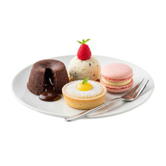 Assorted pastries including chocolate cake, strawberry ice cream, macarons, and tart on a plate with forks from a front view