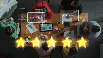 A dynamic meeting scene showcasing a group of professionals collaborating on data analysis and feedback rating, highlighting productivity and teamwork in a modern office environment. Raster