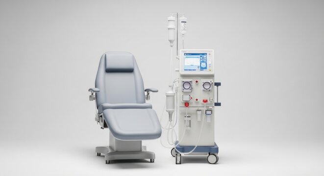 Modern Dialysis Machine and Treatment Chair ready for Hemodialysis in a Clinical Setting. Advanced Kidney Care Technology.
