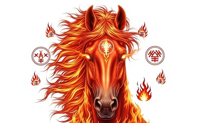 A magnificent Fire Horse illustration centered on an isolated white background, featuring a powerful stallion with flowing mane and tail engulfed in vibrant flames in shades of orange, red, and gold