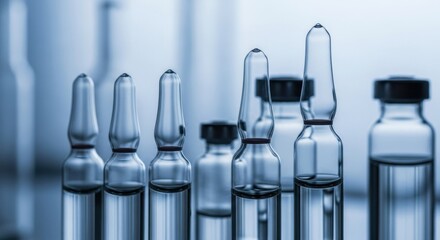Sterile glass ampoules and medical vials displaying clear pharmaceutical liquid in a laboratory setting for drug development and vaccination concepts.