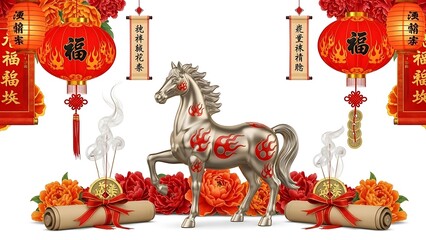 A magnificent Fire Horse illustration centered on an isolated white background, featuring a powerful stallion with flowing mane and tail engulfed in vibrant flames in shades of orange, red, and gold