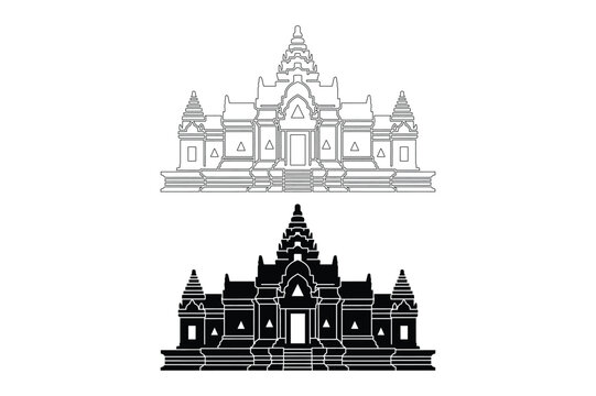 Ancient Khmer temple silhouette and line art illustration