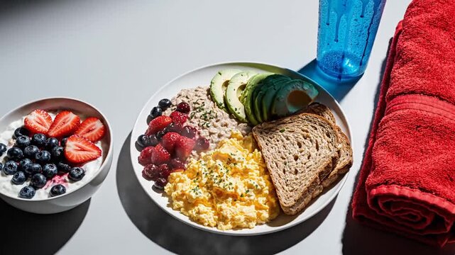 Post Workout Nourishment Displays Vibrant Breakfast Meal Of Berries Avocado And Scrambled Eggs