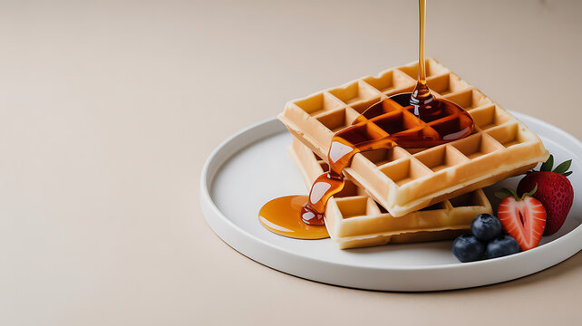 Stack of golden waffles topped with drizzling syrup and fresh berries on a white plate