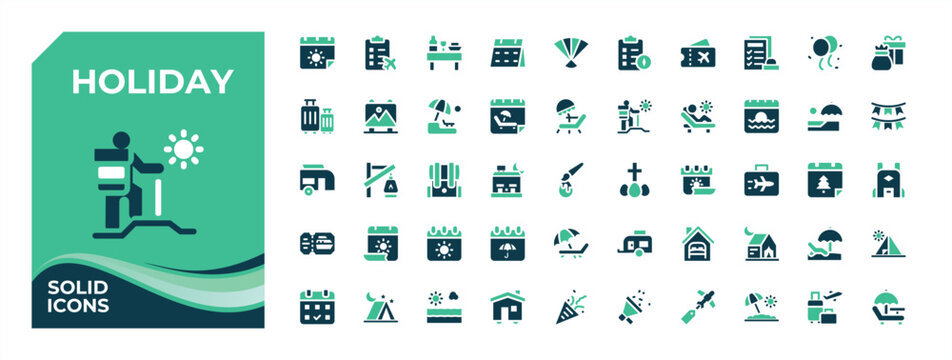 Set of Holiday colorful solid icon. Contains such symbols as travel, summer, vacation, relaxation, christmas and more. Minimalist vector collections. Relaxation icon set. Editable stroke collections.
