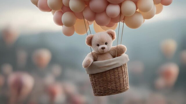 Cute teddy bear flying in a tiny hot air balloon that is made of many balloons