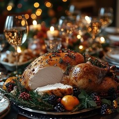 Turkey on a plate with a glass of wine