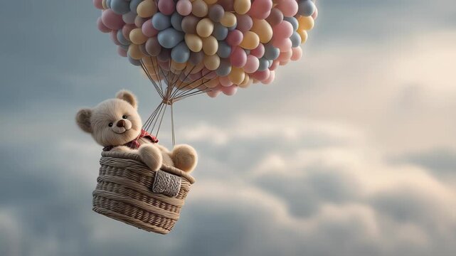 Cute teddy bear flying in a tiny hot air balloon that is made of many balloons