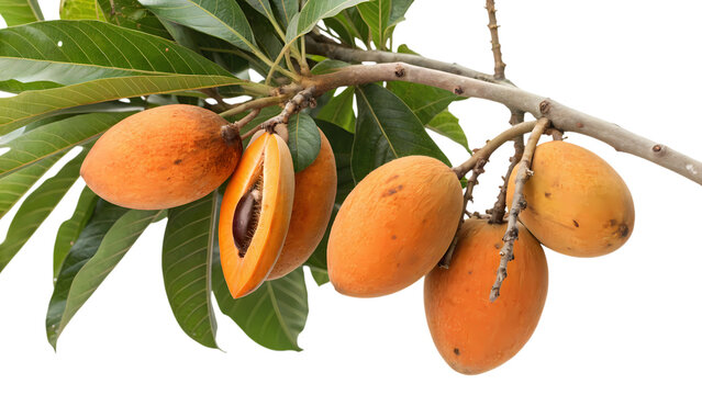 Golden orange canistel fruits with lush green leaves on a tropical tree branch