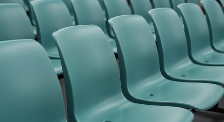 Obraz premium Teal Plastic Chairs Arranged in Rows Waiting for the Audience in an Empty Lecture Hall, Perfect for Event Planning and Conference Concepts.