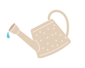 Tin watering can with polka dot pattern. Cute watering can for plants in Provence style with water drop. Cartoon doodle style isolated on white. Vector for gardening, nature, caring for houseplants. © Елена Кутузова