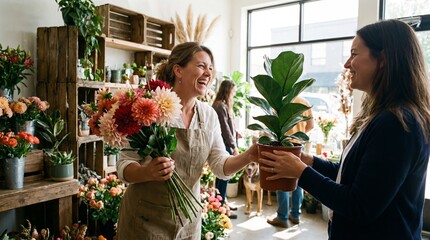 Two happy women exchanging flowers and plants at a modern flower shop