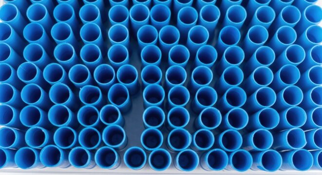 Uniform blue PVC pipes forming a repeating grid texture, symbolizing robust plumbing and construction network infrastructure and material efficiency.