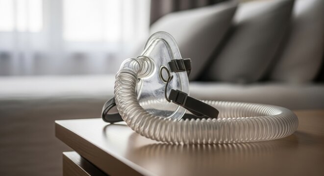 CPAP breathing mask resting on a nightstand in a bright bedroom, promoting sleep apnea treatment and respiratory health management.