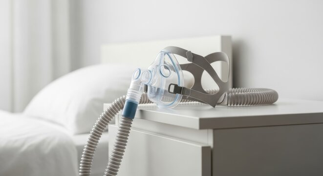 CPAP Full Face Mask and Tubing Resting on a Nightstand in a Bright Bedroom, Symbolizing Treatment for Sleep Apnea and Better Sleep Health.