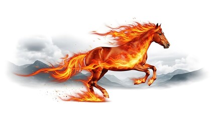 A magnificent Fire Horse illustration centered on an isolated white background, featuring a powerful stallion with flowing mane and tail engulfed in vibrant flames in shades of orange, red, and gold