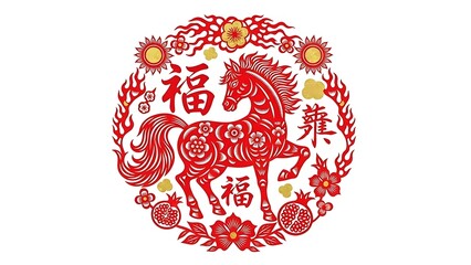 A magnificent Fire Horse illustration centered on an isolated white background, featuring a powerful stallion with flowing mane and tail engulfed in vibrant flames in shades of orange, red, and gold