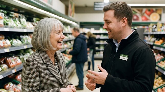 Friendly store manager assisting happy customer in modern grocery store aisle
