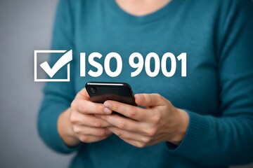 ISO 9001 Standard certification standardisation quality control concept. Person use smartphone choose ISO 9001 for quality management of organizations.