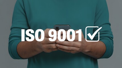 ISO 9001 Standard certification standardisation quality control concept. Person use smartphone choose ISO 9001 for quality management of organizations.