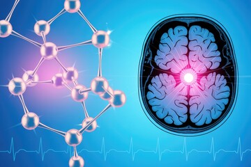 Brain with molecular structure and pink glowing light