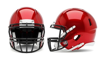 Fototapeta premium Pair of glossy red american football helmets facing front and side view