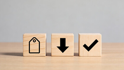 Minimal wooden blocks with price tag download arrow and checkmark icons on tabletop with copy space concept for ecommerce product download approval