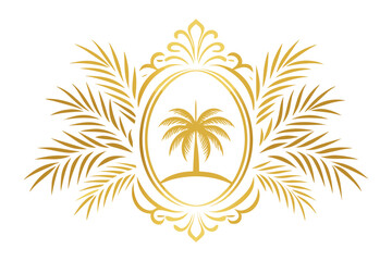 Obraz premium Golden Palm Tree Emblem with Ornate Frame and Leaves, vector