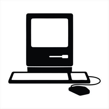 Black and white icon of a vintage desktop computer setup