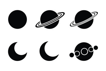 Celestial planets and moon phases silhouette icons set
