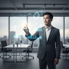 Professional man interacting with futuristic data display.