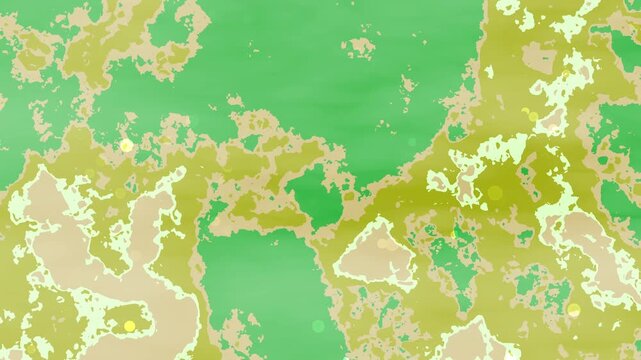 Abstract organic pattern with green, yellow, and beige irregular shapes.