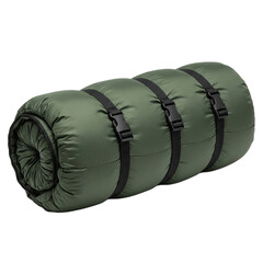 Compact dark olive green sleeping bag for camping and outdoor adventures, neatly rolled and secured with black adjustable straps, presented as an isolated studio object on a clean white background