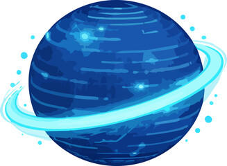 A stylized blue ringed planet with glowing cyan rings and abstract surface textures, illustrated in a clean flat vector space style. © Svutlana