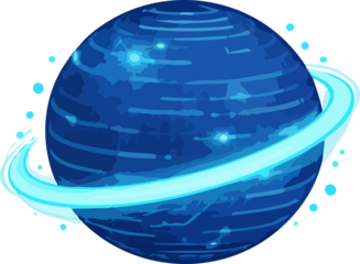 A stylized blue ringed planet with glowing cyan rings and abstract surface textures, illustrated in a clean flat vector space style.