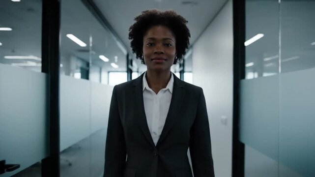 Confident businesswoman walking down modern office hallway smiling