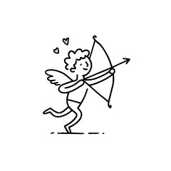 Fototapeta premium Cartoon cupid with curly hair and wings holding a bow and arrow aiming at someone with hearts above