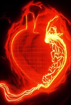 Arrhythmia electrical signals chaotic impulses flashing heart tissue neon electrophysiology