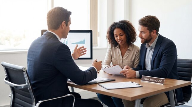 Business professionals discussing financial reports in modern office - Powered by Adobe