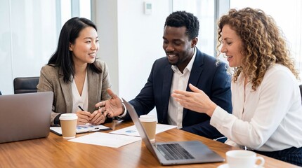 Diverse team collaborating in modern office with laptops and documents