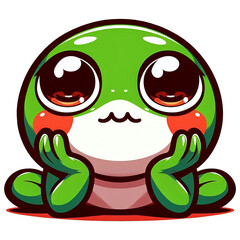 The cute frog sits with its chin resting on its hand, smiling gently, with rosy cheeks, looking happy and endearing