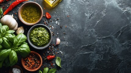 Variety of green pesto and fresh ingredients on dark stone background.