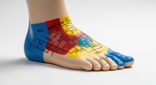 Anatomical Model of Human Foot Displaying Reflexology and Acupuncture Zones, illustrating Traditional Chinese Medicine (TCM) for Health and Education.