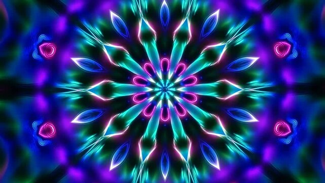 Colorful kaleidoscopic pattern with vibrant neon lights creating a mesmerizing floral design. Ideal for artistic backgrounds and visual effects