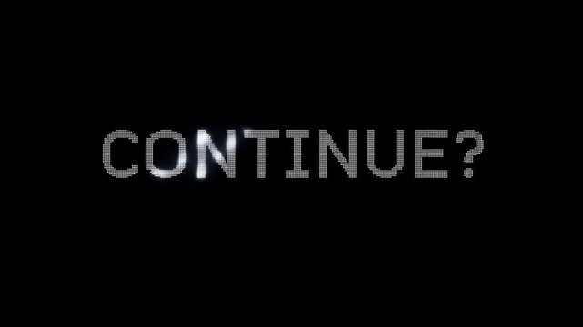 Animated text displaying "CONTINUE?" on a black background. Engaging visual prompt for user interaction in digital interfaces