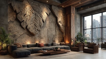 Fototapeta premium Modern Industrial Living Room with Leaf Wall Art and Cozy Seating