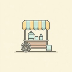 Flat illustration of a mobile food cart with awning, drinks, and containers